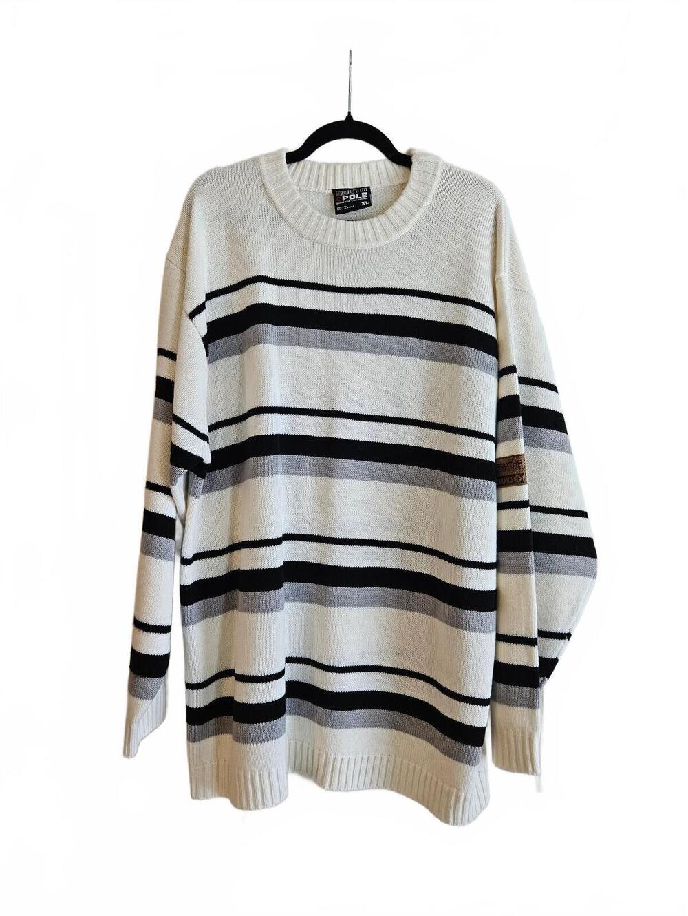 Southpole Striped Knit Sweater Crewneck Cream/Black/Gray-XL-Vintage-Fall Ready!